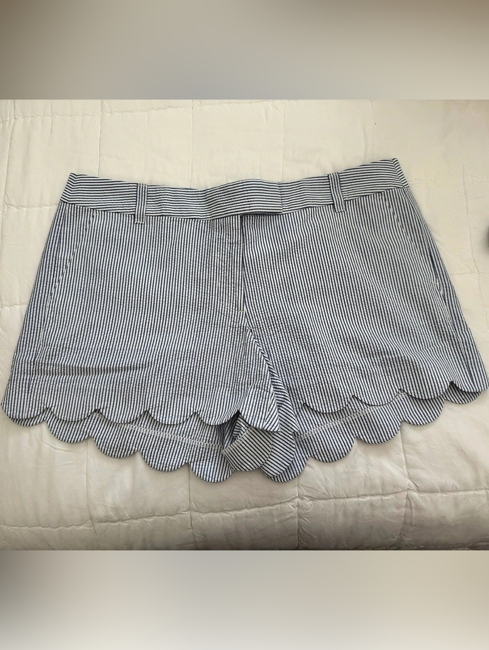 J.Crew Seersucker Scalloped Short High Waist Shorts in Blue & White 14